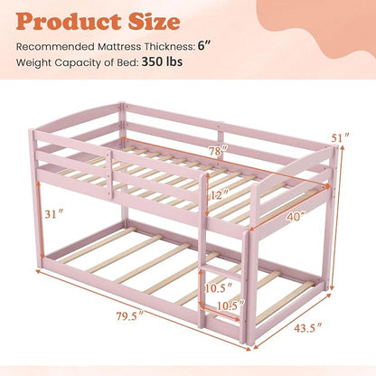 MAT EXPERT Bunk Bed Twin Over Twin, Low Wood Bunk Bed Frame w/Safety Guardrails, Ladder & Slats, Floor Platform Twin Bunk Beds for Kids Toddlers, for Dorm Bedroom, No Box Spring Needed (Pink)