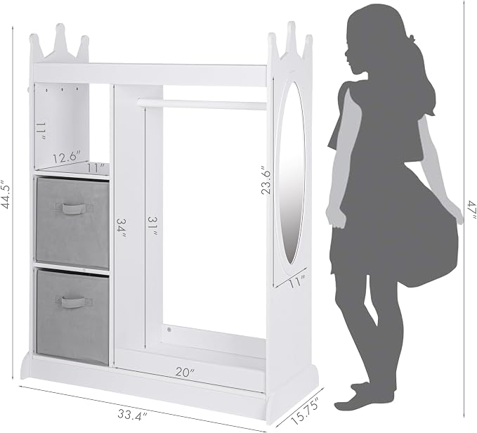 UTEX Kids Dress up Storage with Crown-Shaped Design and 2 Fabric Bins | See and Store Kids Wardrobe, Toddler Dress Up Rack, Open Hanging Armoire Closet, Water-based Paint, Princess Style