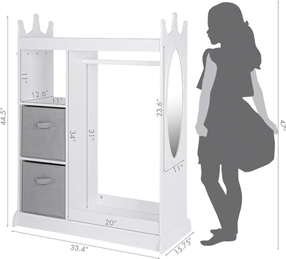 UTEX Kids Dress up Storage with Crown-Shaped Design and 2 Fabric Bins | See and Store Kids Wardrobe, Toddler Dress Up Rack, Open Hanging Armoire Closet, Water-based Paint, Princess Style