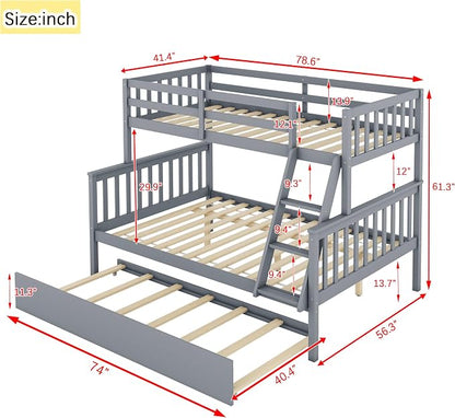 Harper & Bright Designs Convertible Wood Twin-Over-Full Bunk Bed with Trundle and Ladder - Can Be Divided Into Two Platform Beds, Grey