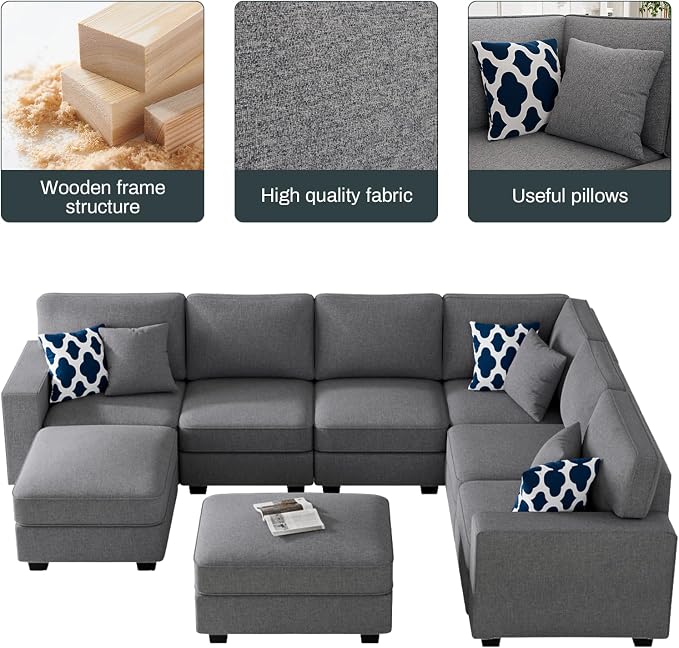 Legend Vansen Oversized Modular Sectional Sofa,U/L‑Shaped Reversible Couch with Ottoman,Deep Seat Plush Polyester Sofa for Living Room,8‑Seater,Dark Grey
