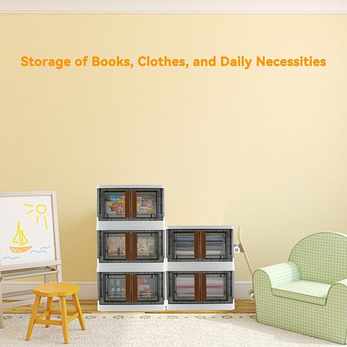 Storage Box, Plastic Cabinet, 8.4 Gallon (32L) Capacity (Each One), 4 Packs, Stackable Collapsible Drawer, with Door and Buckle, Organizer for Home and Office, Transparent
