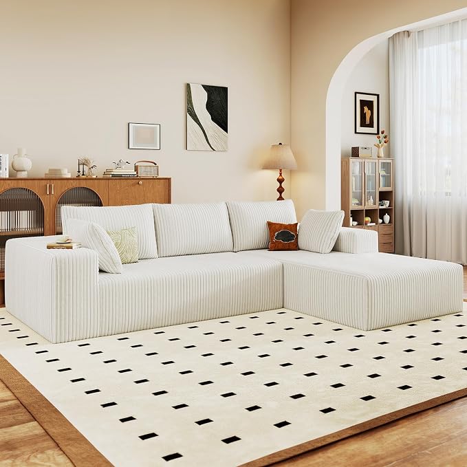 96" Modular Sectional Sofa, Modern Corduroy Cloud Couch with Deep Seat, Boneless Couch Upholstered 3-Seater L-Shaped Sofa for Living Room, No Assembly Required (White, Right-Facing Chaise)