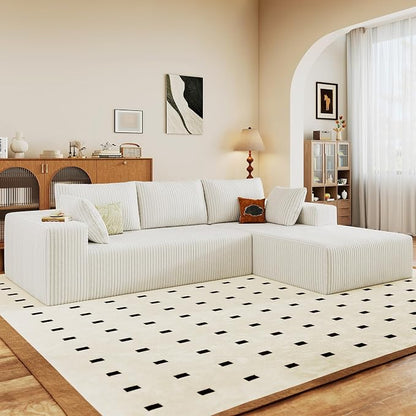 96" Modular Sectional Sofa, Modern Corduroy Cloud Couch with Deep Seat, Boneless Couch Upholstered 3-Seater L-Shaped Sofa for Living Room, No Assembly Required (White, Right-Facing Chaise)
