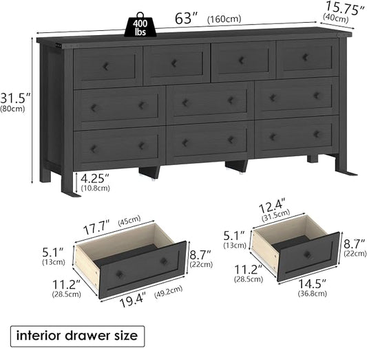 Gyfimoie 10-Drawer Dresser, 63" Farmhouse Wood Storage Chest of Drawers, Long Dresser TV Stand for TVs up to 75", Vintage Wide Dressers Organizer with Metal Handles for Bedroom, Black