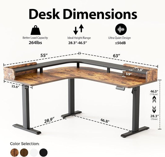 Agilestic L Shaped Standing Desk, Adjustable Height Corner Gaming Desk with Shelf, Sit Stand Up Desk, 63 x 55 Inch Home Office Computer Table, Rustic Brown