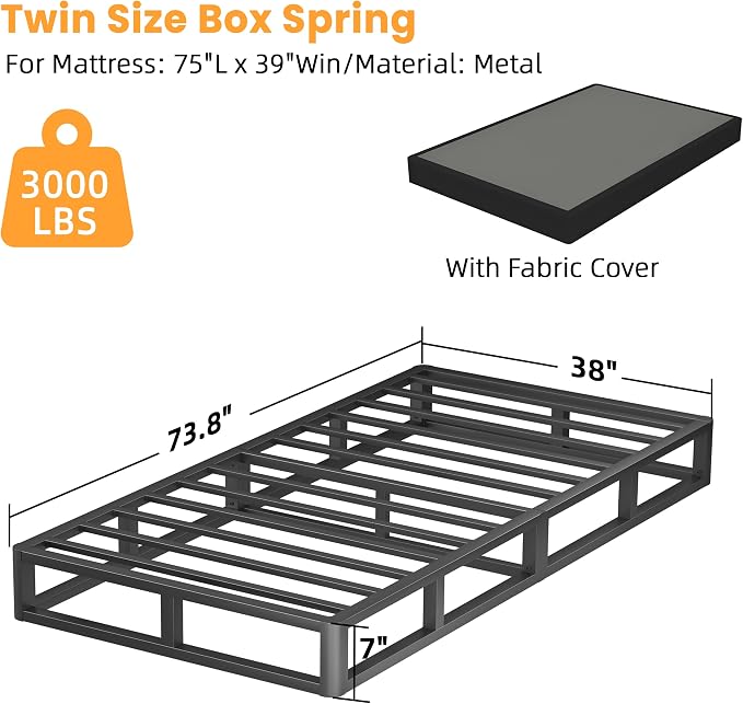 VIPSHOW 7 Inch Twin Metal Box Spring with Round Corners - 3000 lbs Capacity, High Profile Heavy Duty Mattress Foundation with Steel Slats, Noise-Free, Easy Assemble, Black