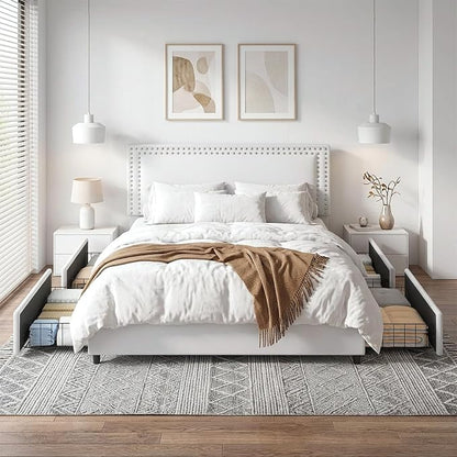 VECELO Queen Size Upholstered Bed Frame with 4 Storage Drawers, Adjustable Velvet Rivet Decor Headboard, Wooden Slats Platform Support, No Box Spring Needed, Easy Assembly,White