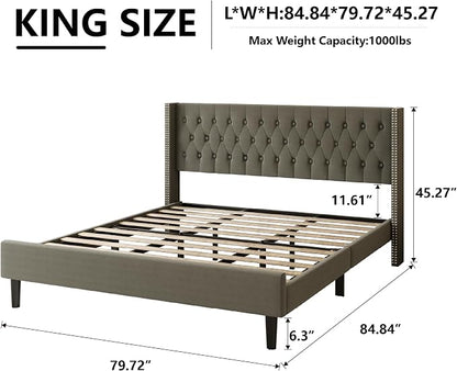 HAOARA King Size Bed Frame, Upholstered Platform Bed with Wingback Headboard, Velvet Button Tufted, Easy Assembly, No Box Spring Needed, Green