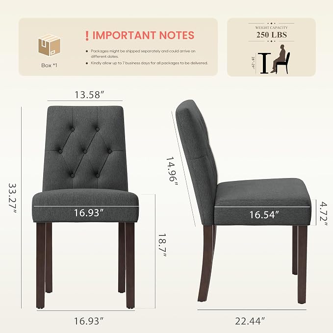 Upholstered Dining Chairs Set of 2, Modern Fabric Dining Chairs with Tufted Design, Kitchen Side Chairs, Farmhouse Dinner Chair with Wood Legs for Kitchen Restaurant Living Room, Gray