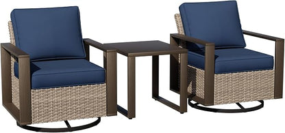 Joyside Outdoor Patio Swivel Rocker Chairs, 3 Pieces Wicker Furniture Set, 2 Swivel Rocking Chairs and 1 Table, Metal Wide Armrest, Thick Cushions and Deep Seating for Garden, Backyard, Porch, Deck