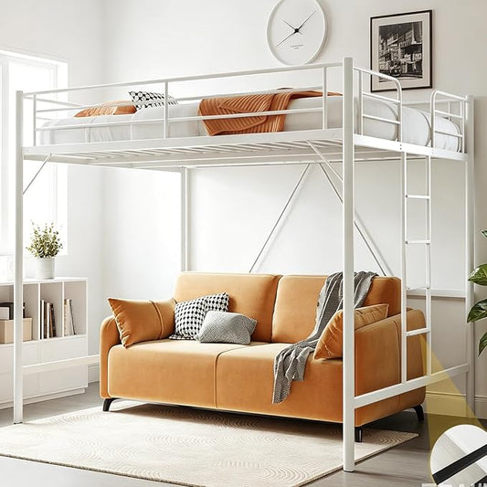 VINGLI Queen Loft Bed with Flat Rungs for Adults, Kids and Young Teens, No Box Spring Required,Heavy Duty Metal Slat Support, Cloud White