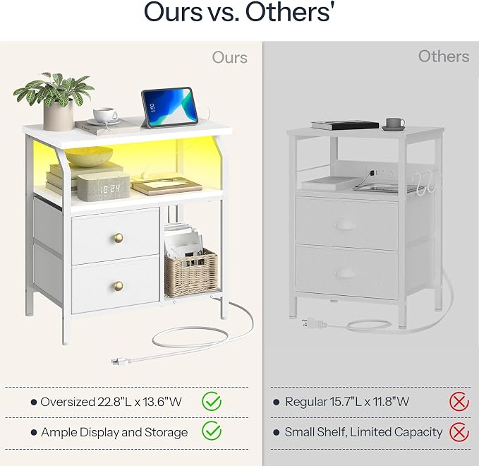 HOOBRO 23 inch Wide Nightstand with Charging Station and LED Light, Night Stand with 2 Fabric Drawers, Bedside Table, Dresser with Open Storage Shelf, End Side Table for Bedroom, White WT160UDBZ01