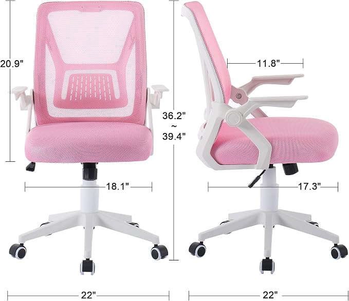 VECELO Mid-Back Swivel Ergonomic Office Chair with Adjustable Arms Mesh Lumbar Support for Computer Task Work, Pink