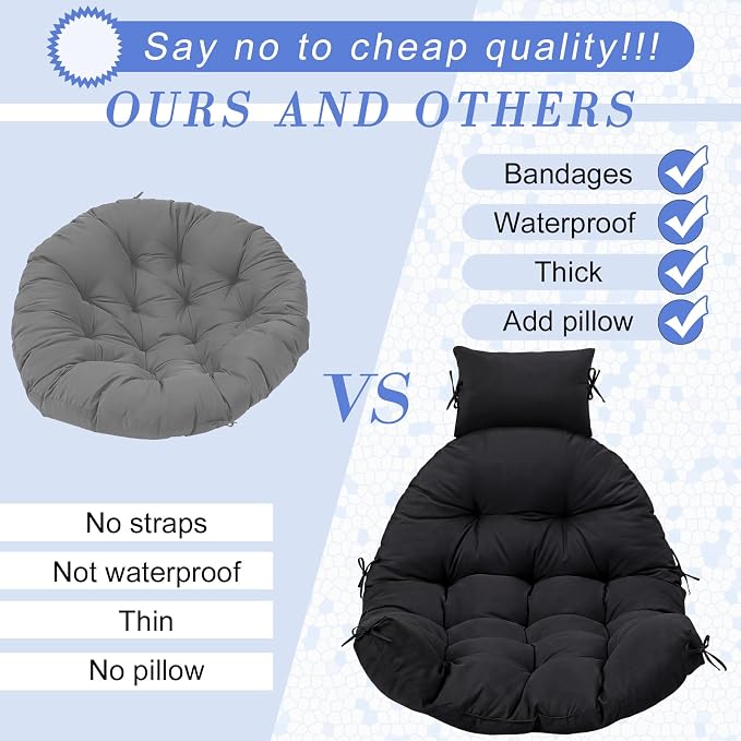 Tudomro Waterproof Egg Chair Cushion with Pillow Filling 2.58 kg Replacement Rocking Wicker Chair Cushion 48" x 32" High Back Hanging Swing Hammock Pad Thicken for Outdoor Patio Garden(Black)