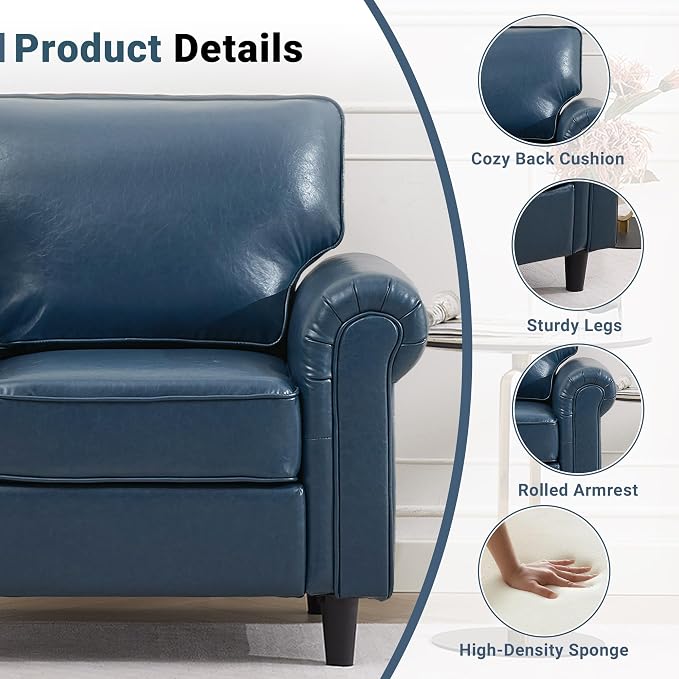 Kingfun Faux Leather 3 Seater Couch, Mid Century Modern Sofa with Rolled Arms and Deep Seats, Fluffy Comfort for Living Room, Apartment, Easy Assembly, Blue