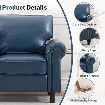 Kingfun Faux Leather 3 Seater Couch, Mid Century Modern Sofa with Rolled Arms and Deep Seats, Fluffy Comfort for Living Room, Apartment, Easy Assembly, Blue