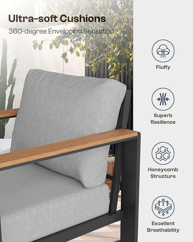 Aluminum Outdoor Patio Furniture Set with Coffee Table, 4 Piece Patio Conversation Sets with Washable Thick Cushions, Patio Sectional Furniture Set for Porch, Balcony, Yard, Gray