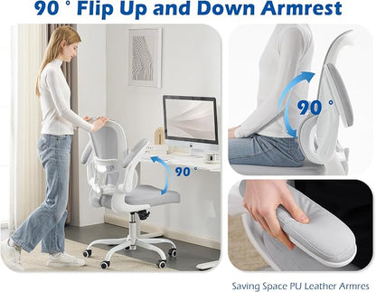 TRALT Ergonomic Office Chair - Desk Chair with Adjustable Lumbar Support Computer Chair - Mesh Comfy Chair with Flip-up Armrests - Gaming Chairs for Adults Home Office (Leather, Grey)