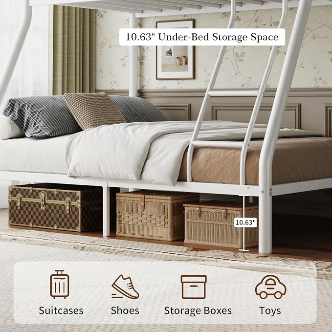Metal Twin Over Full Bunk Bed丨 Bunk Beds Twin Over Full Size with Ladder | Heavy Duty Bunk Bed for Adults, Metal Bunk Bed for Dorm, Bedroom, Apartment, 440 lbs Capacity,No Box Spring Needed (White)