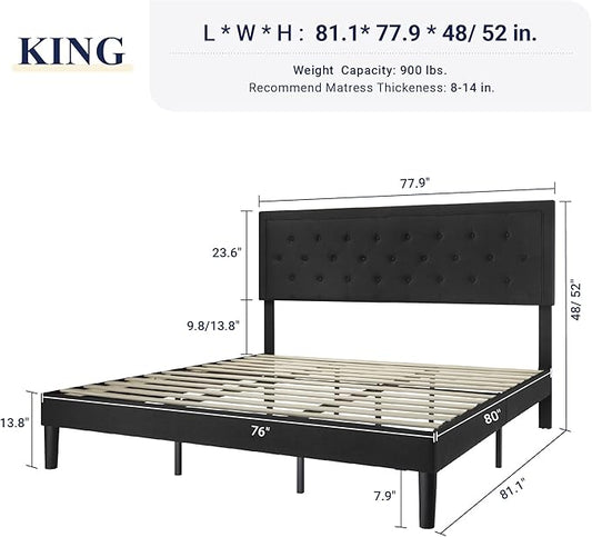 Allewie King Size Upholstered Platform Bed Frame with Adjustable Headboard, Button Tufted, Wood Slat Support, Easy Assembly, Black