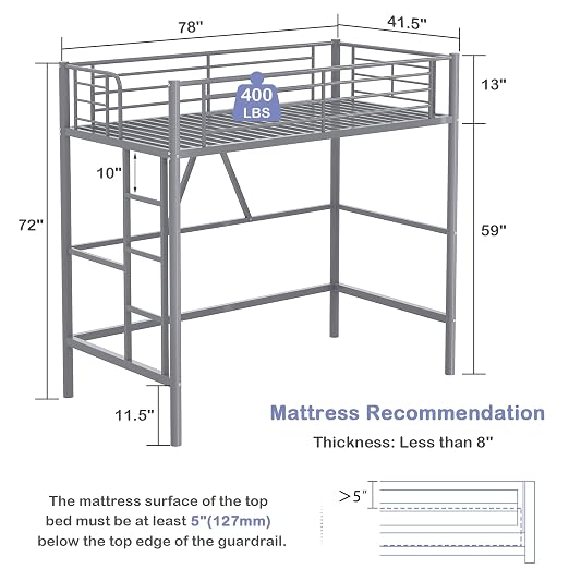 VECELO Metal Loft Bed Twin Size, Heavy Duty Bedframe with Removable Ladder and Safety Guardrail, Space-Saving, Noise Free, No Box Spring Needed, Grey