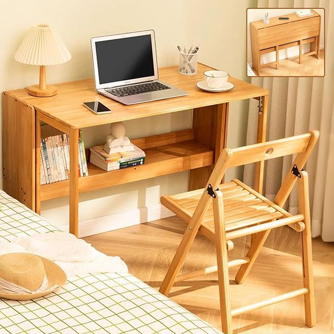Bamboo Foldable Desk, 41" Folding Bamboo Desk for Small Spaces, Mid Century Small Computer Desks with Bookshelf, Wooden Desks for Home Bedroom Study Office, Primary Color