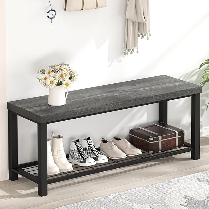 EXCEFUR Entryway Bench, Industrial Metal and Wood Storage Bench for Living Room, Indoor Shoe Rack Bench Seat, 43.3 Inch Grey