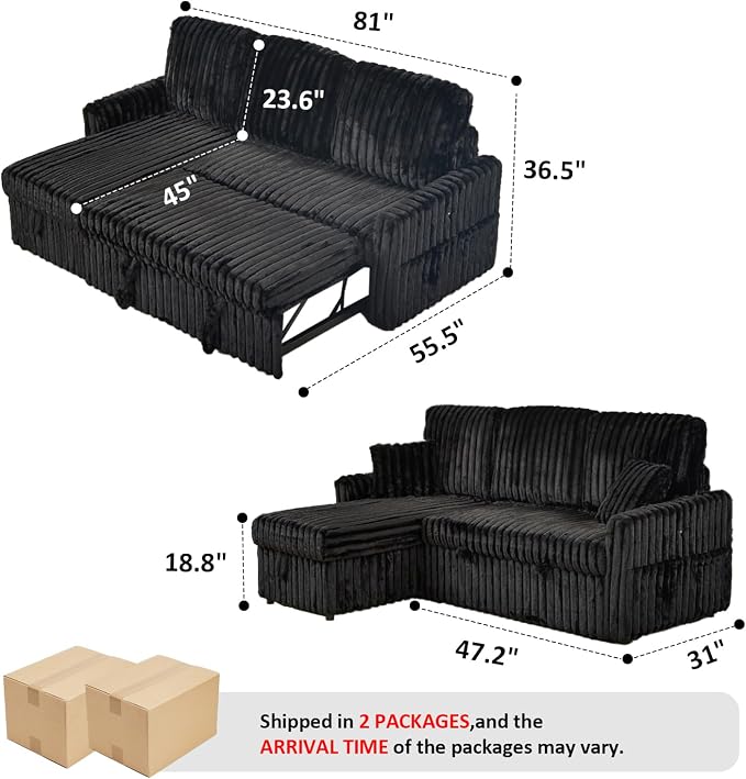 KCGKCG Sleeper Sofa Bed, 81” Pull Out Couch Bed with Reversible Storage Chaise, 3 in 1 L-Shaped Couch with Charging Station, Cup Holder, Side Pocket, Plush Corduroy Couches for Living Room(Black)