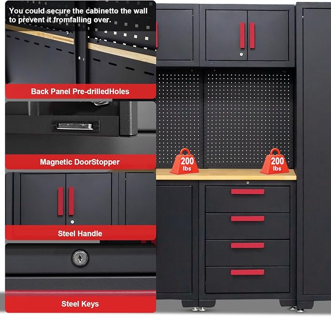 35PCS Garage Storage Cabinet System, Garage Cabinets and Storage System Corner Workshop Set with Corner Cabinet,Cabinet Drawers, Workbench, Pegboard for Tool Organization, Black Red