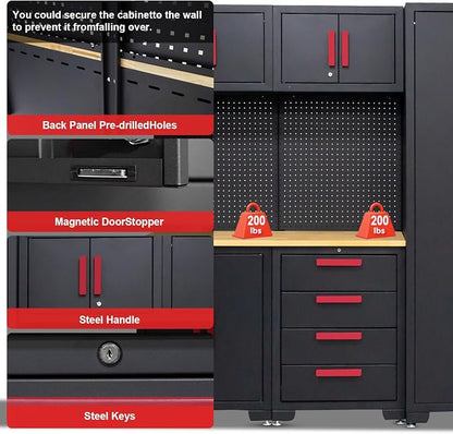 35PCS Garage Storage Cabinet System, Garage Cabinets and Storage System Corner Workshop Set with Corner Cabinet,Cabinet Drawers, Workbench, Pegboard for Tool Organization, Black Red