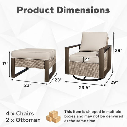 Joyside Outdoor Patio Swivel Rocker Chairs, 5 Pieces Wicker Furniture Set, 2 Swivel Rocking Chairs and 2 Ottoman, Metal Wide Armrest, Thick Cushions and Deep Seating for Garden, Backyard, Porch, Deck
