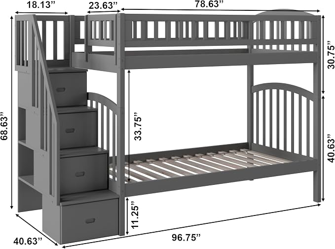 AFI, Westbrook Staircase Bunk Bed Twin Over Twin, Grey