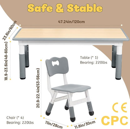 FUNLIO Kids Table and 4 Chairs Set for Ages 3-8, Height Adjustable Toddler Table and Chair Set, Easy to Wipe Arts & Crafts Table, for Classrooms/Daycares/Homes, CPC & CE Approved (5-Piece Set) - Gray