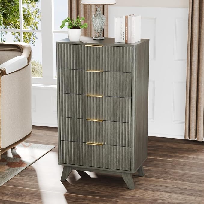 VINGLI Fluted Tall Dresser 5 Drawer, 23.66" W Chest of Drawers Gray Wood Dresser with Rounded Edges, Grey Dressers for Bedroom, 23.66" W*15.6" D*44.88" H
