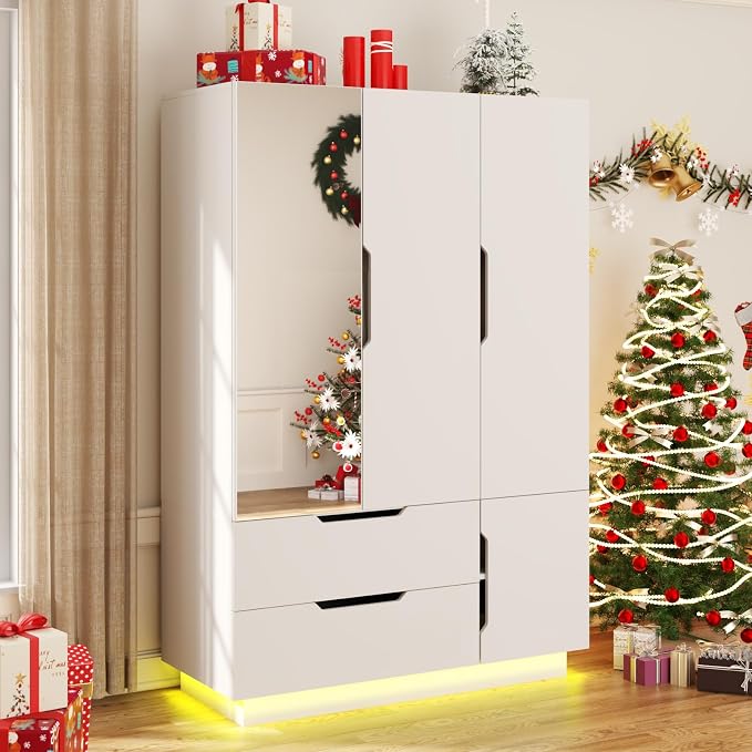 Hlivelood 3 Doors Armoire Wardrobe Closet with Mirror,2 Large Drawers, LED Light Wood Wardrobe Closet, Armoire with Hanging Rod for Bedroom, White