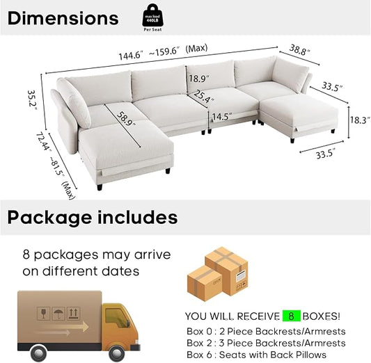 DreamDashio Oversized Sectional Sofa with Storage, 159" U Shaped Cloud Couch Sectional for Living Room with Adjustable Arms & High Backs, 6 Seater, Beige Chenille