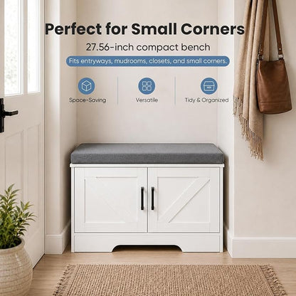 DUMOS 28" Shoe Storage Bench, Entryway Shoe Organizer Cabinet with Padded Seat Cushion, Adjustable Shelf and 2 Doors, Compact Storage Bench for Small Spaces, Hallway, Bedroom, Living Room, White