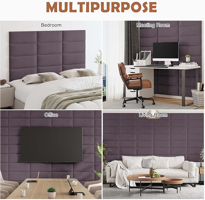 IFNOW Wall Mounted Upholstered Headboard Full, 3D Peel and Stick Soundproof Panels, Reusable and Removable Padded Leather Bed Headboard, 6 Panels 9.84" x 23.62", Dark Purple