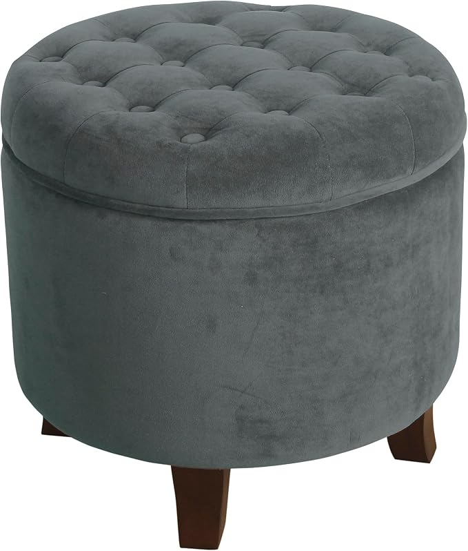 Homepop Home Decor | Upholstered Round Velvet Tufted Foot Rest Ottoman | Ottoman with Storage for Living Room & Bedroom | Decorative Home Furniture, Dark Gray Small