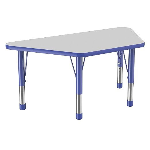 FDP Trapezoid Activity School and Classroom Kids Table (24 x 48 inch), Chunky Toddler Legs for Collaborative Seating Environments, Adjustable Height 15-24 inches - Gray Top and Blue Edge