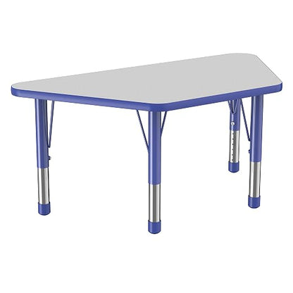 FDP Trapezoid Activity School and Classroom Kids Table (24 x 48 inch), Chunky Toddler Legs for Collaborative Seating Environments, Adjustable Height 15-24 inches - Gray Top and Blue Edge