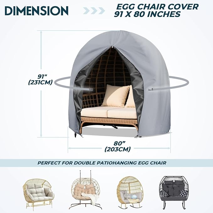 Egg Chair Cover Waterproof 420D Oxford Hanging Outdoor Furniture Covers for Patio Wicker Egg Swing Cocoon Chair, 91x80 Inches, Gray