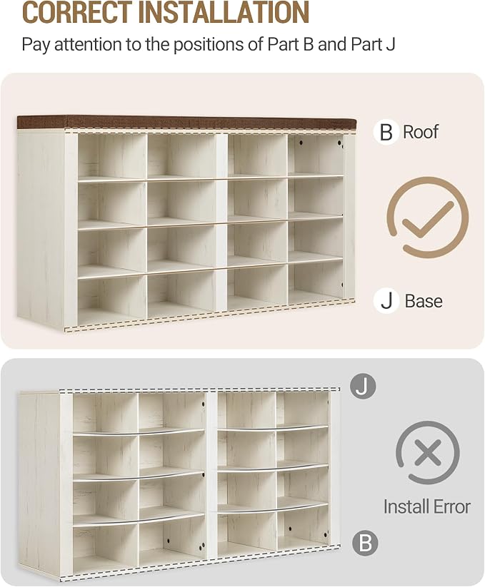 Hzuaneri Shoe Bench with Cushion, Entryway Storage Bench with 16 Cubbies, Cubby Shoe Rack with Adjustable Shelves, Shoe Organizer Cabinet for Living Room, Bedroom, Entryway, Rustic White SB25614KA