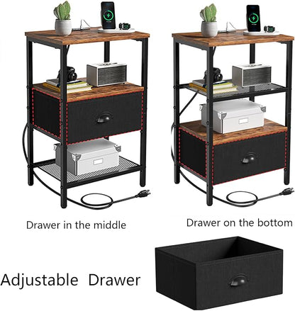 sthmec Nightstands Set of 2, LED Bedside Tables with Charging Station and Fabric Drawer, Night Stand with Storage, 3 Tier Side Table with Open Shelf, LED Nightstands with Charging Station,Rustic Brown