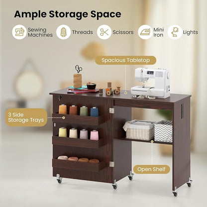 Giantex Folding Sewing Table with Storage, 3 Side Trays & Open Shelf, Built-in Charging Station, Mobile Craft Desk with Lockable Wheels, Space-Saving Sewing Machine Table for Home, Dorms, Espresso