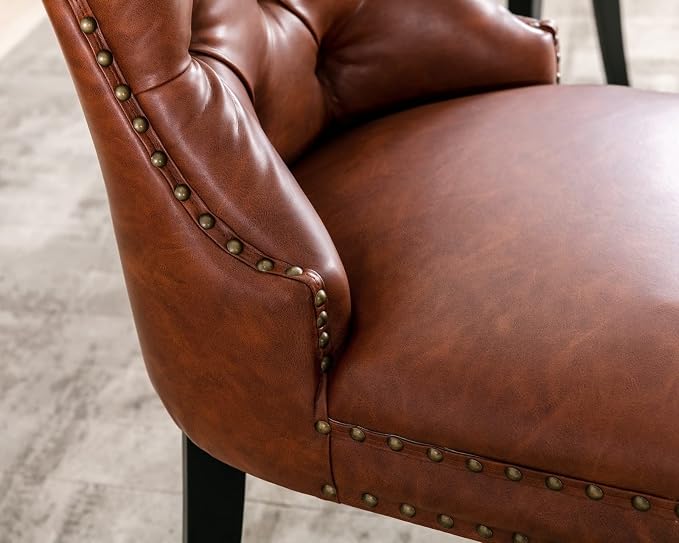 CIMOTA Brown Leather Dining Chairs Set of 2 Mid Century Modern Dining Room Chairs Tufted Upholstered Kitchen Dining Chairs Comfortable Side Chairs with Nailhead Trim/Ring Back (PU /2PCS)
