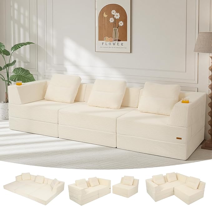 COMAX Futon Sofa Bed, Convertible Sofa Bed, Folding Boneless Couches | Boneless Couch for living room, Fold Out Small Foldable Loveseat Floor Sleeper Mattress Lounge Space‑Saving, 3 Seater 106"