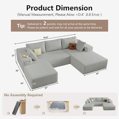 95" Cloud Sectional Couch U-Shaped Chaise with Ottoman, Corduroy Boneless Couch for Living Room Bedroom, Deep-Seat Upholstered Modular Cloud Sofa, No Assembly Required (Light Grey,Right Facing Chaise)