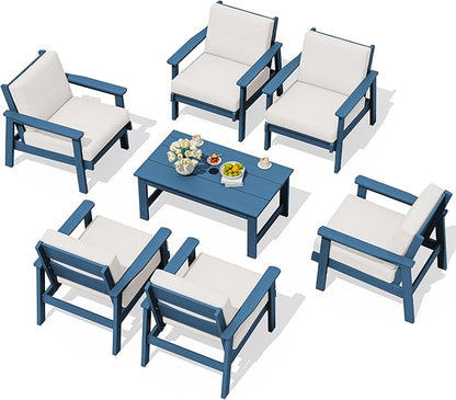 SERWALL HDPE Outdoor Furniture Set, 7 Piece All Weather Wood-Like Outdoor Sofa Sectional Couch, Blue Patio Furniture Set with Khaki Cushions